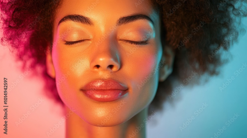 Serene Beauty: Woman with Closed Eyes in Vivid Colorful Light Serene Beauty: Woman with Closed Eyes in Vivid Colorful Light