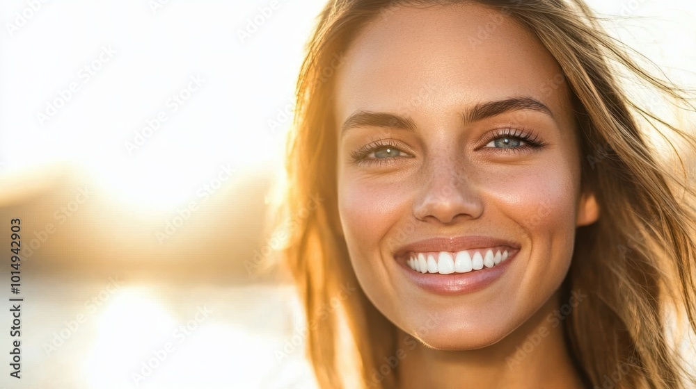 Radiant Smiling Woman Enjoying Golden Hour Sunlight Radiant Smiling Woman Enjoying Golden Hour Sunlight