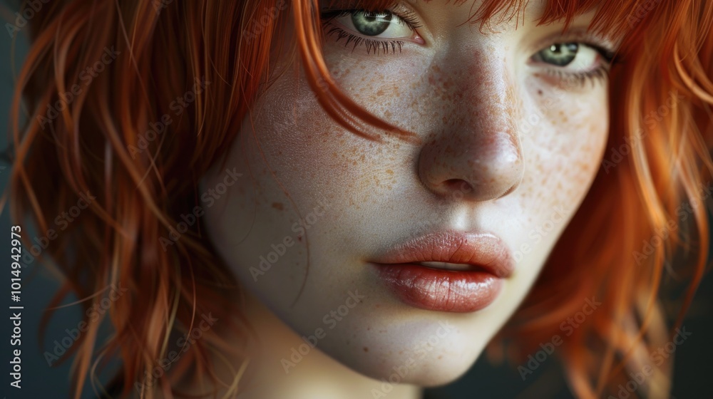 Close-up shot of a woman's face with noticeable freckles Close-up shot of a woman's face with noticeable freckles