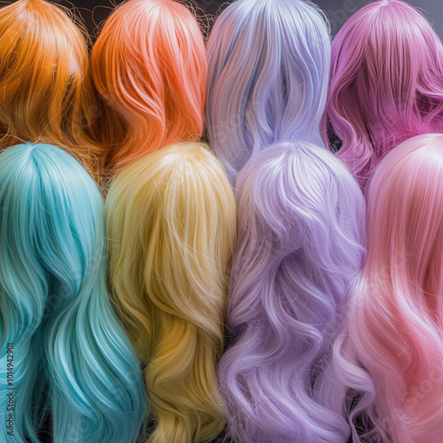 Bright colorful wigs displayed from behind