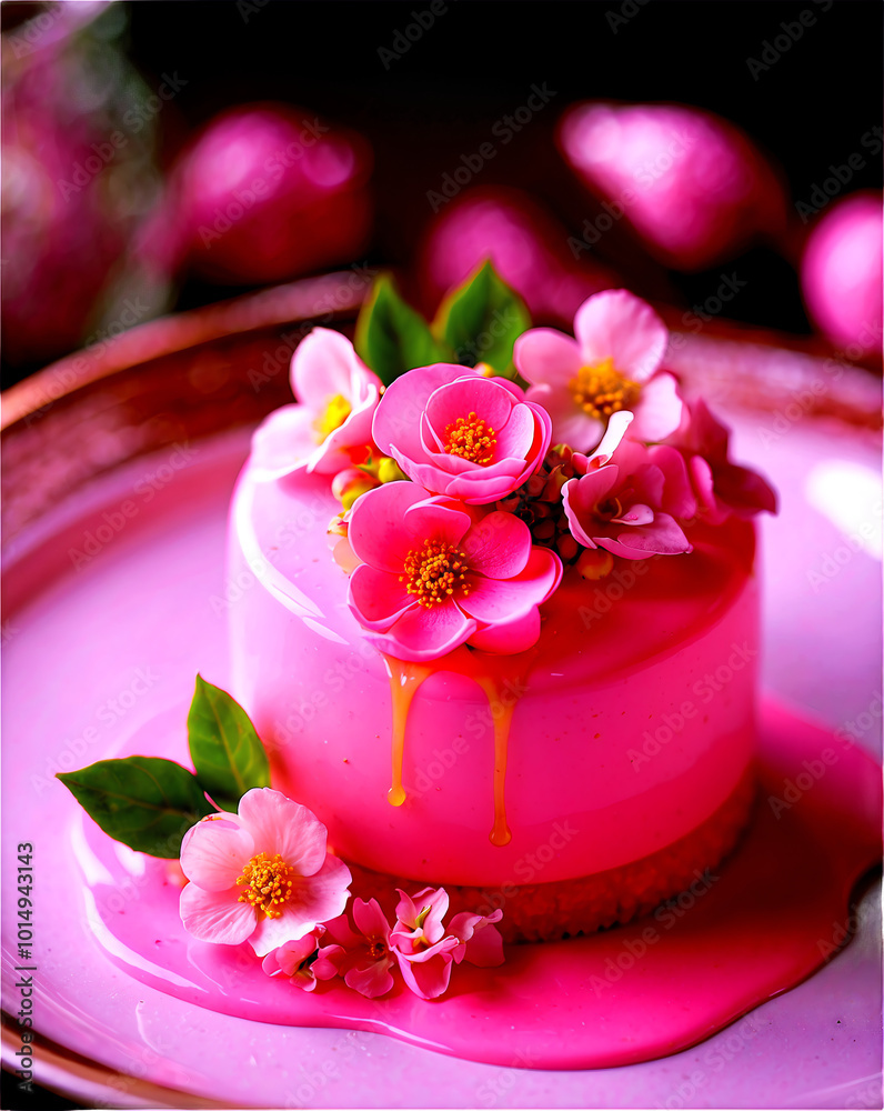 Lovely pink dessert with a touch of floral decoration Lovely pink dessert with a touch of floral decoration