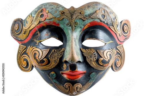 A close-up view of a mask on a white background, perfect for use in fashion or costume design