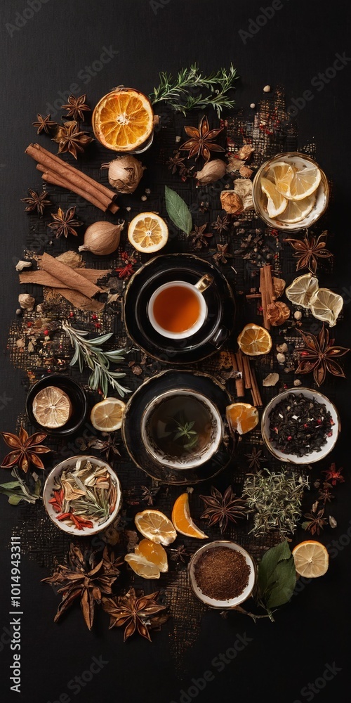 Cup of aromatic tea with spices, herbs, dried fruit orange slices. Top view. Generated AI Cup of aromatic tea with spices, herbs, dried fruit orange slices. Top view. Generated AI