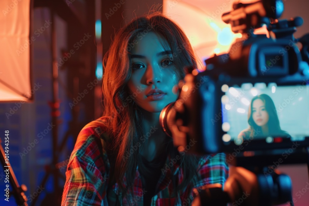 A woman sitting in front of a camera with a serious expression