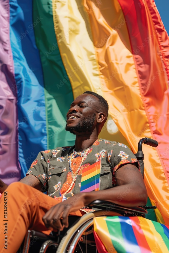 A person with a disability sitting in a wheelchair facing a colorful rainbow flag, symbolizing support and inclusivity A person with a disability sitting in a wheelchair facing a colorful rainbow flag, symbolizing support and inclusivity