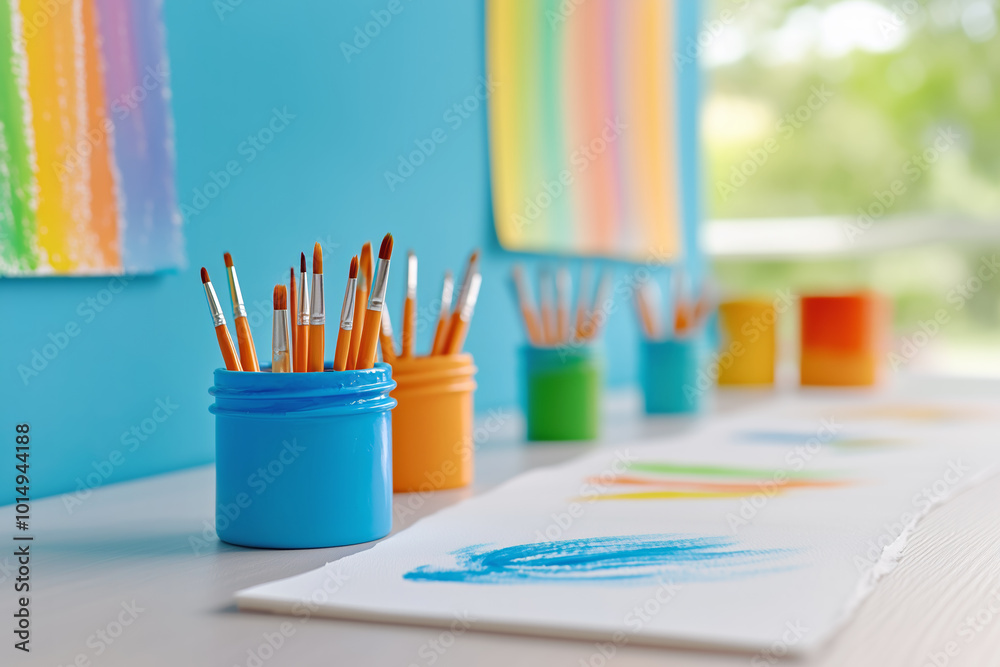 Colorful art supplies displayed on a table in a bright, cheerful studio environment Colorful art supplies displayed on a table in a bright, cheerful studio environment