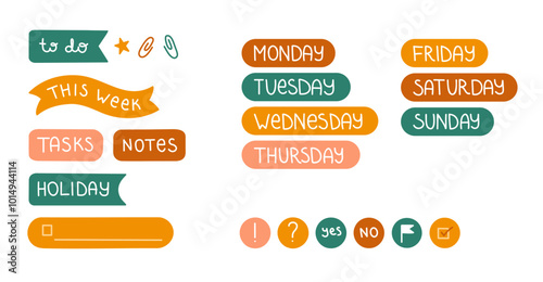 Bullet journal doodle diary color elements, stickers and paper notes, vector notebook frame. Planner weekday and numbers stickers, to do list or calendar plan labels and banners