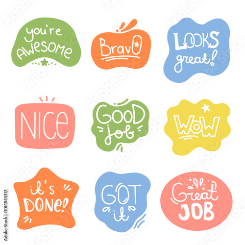 Set of motivational words stickers. Awesome, good job, nice job, and good work stickers. Quotes labels about motivation, self-support, and development.