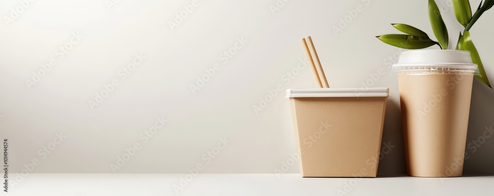 Eco-friendly takeaway packaging mockup, clean white surface, magazine-style photography, soft shadows Eco-friendly takeaway packaging mockup, clean white surface, magazine-style photography, soft shadows