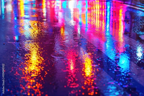 Urban scene at night with rain and colorful lights