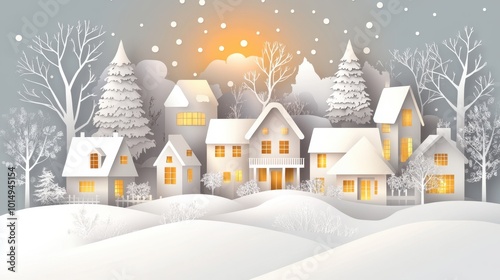 Winter Wonderland: Snow-Covered Village at Sunset