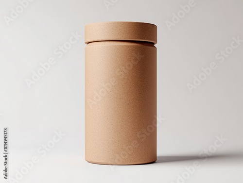 Sustainable packaging mockup, kraft paper tube on a clean white background, minimalist design, magazine aesthetics