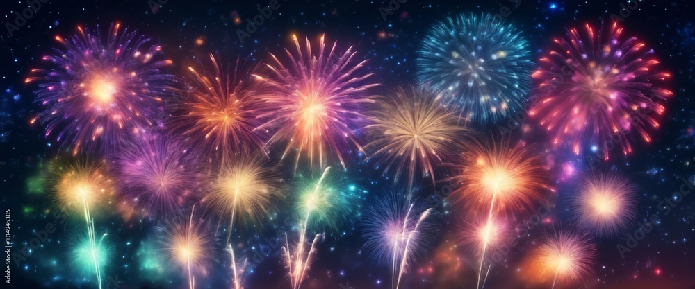 Dazzling display of fireworks bursting in a variety of colors against the night sky, symbolizing celebration festivity Dazzling display of fireworks bursting in a variety of colors against the night sky, symbolizing celebration festivity
