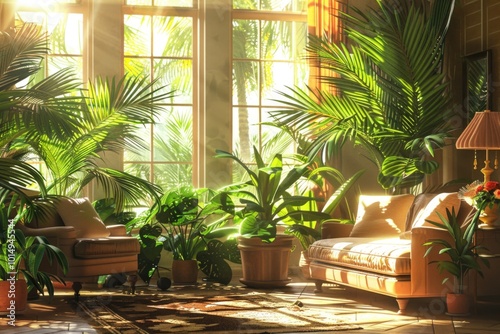 A warm and inviting living room filled with plenty of green plants photo