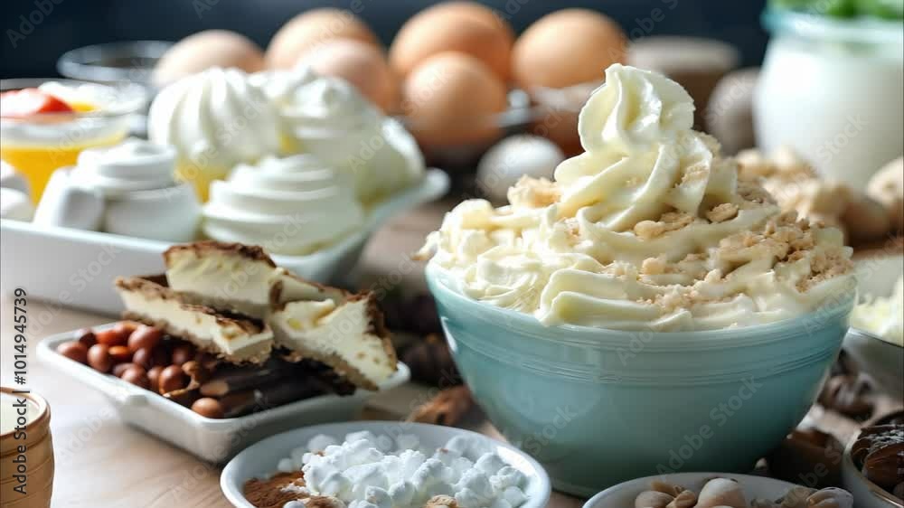 A variety of dessert ingredients including whipped cream, eggs, chocolate, and nuts, all arranged for baking or cooking. A variety of dessert ingredients including whipped cream, eggs, chocolate, and nuts, all arranged for baking or cooking.