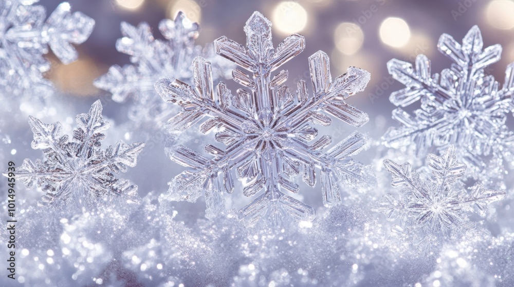 Sparkling Snowflakes Macro Photography on Wintry Background Sparkling Snowflakes Macro Photography on Wintry Background