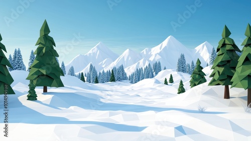 Pristine Winter Landscape with Snowy Mountains and Pine Trees