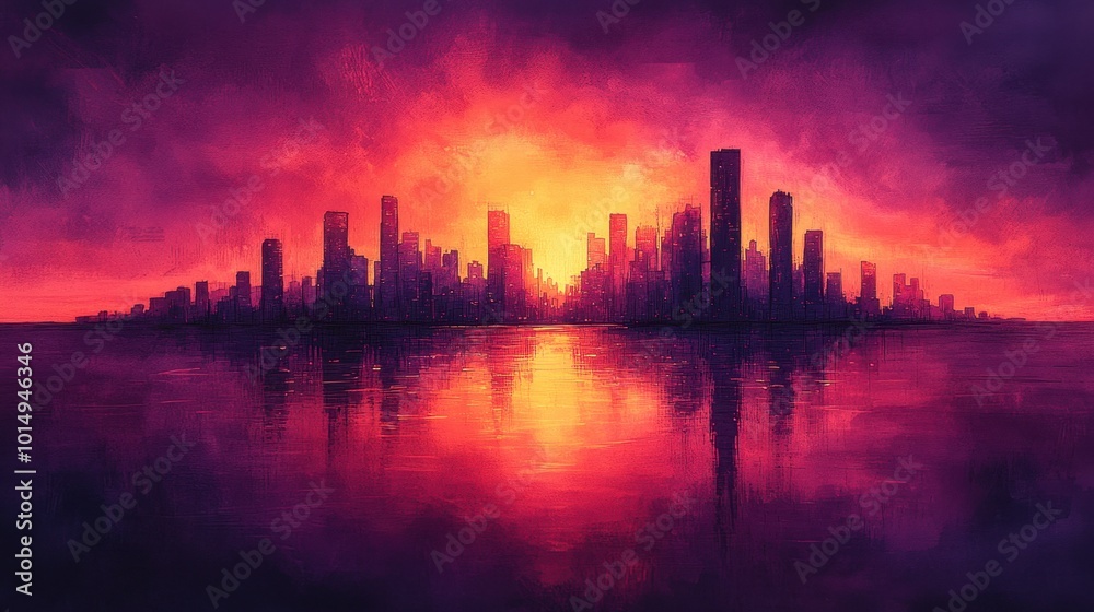 Oil ink abstract city skyline at dusk with bold strokes of deep purple and orange positioned from a wide zoomed-out angle to capture the city’s silhouette and its reflection Oil ink abstract city skyline at dusk with bold strokes of deep purple and orange positioned from a wide zoomed-out angle to capture the city’s silhouette and its reflection