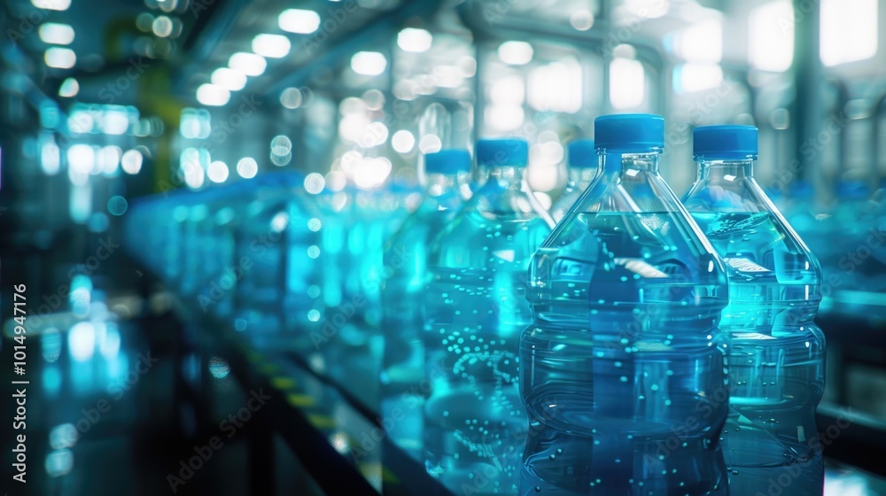A row of bottled water bottles moving along a conveyor belt, ideal for use in industrial or commercial settings