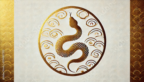 巳年金箔蛇と和柄和紙の白い背景壁紙5