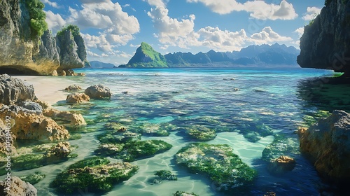 A picturesque beach scene with rocky outcrops and tide pools leading into a calm lagoon, vibrant marine life visible through the transparent water, and a mountainous island in the distance