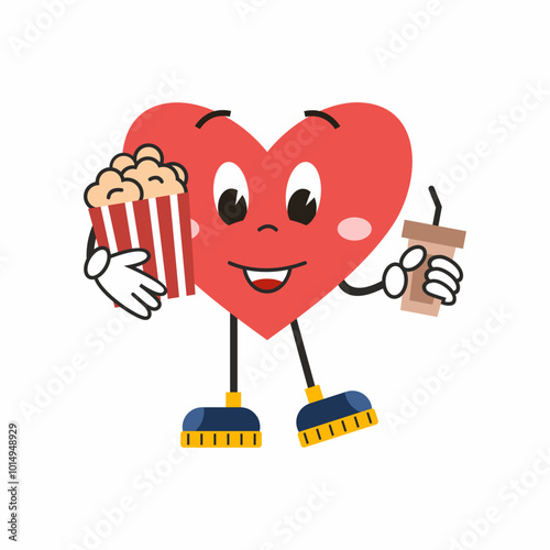 cheerful groove style heart holds popcorn and drink. Retro sticker for Valentine Day on February 14th. cute character for birthday greetings.