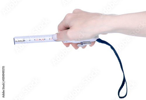 Construction tape measure in hand isolation