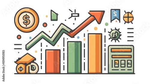 Minimalist finance icon featuring a bar graph with upward arrow