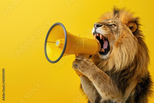 A lion holding a megaphone in its mouth, a playful and whimsical scene photo