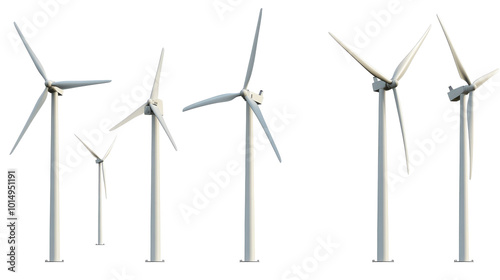 A row of wind turbines are shown in a row.on a transparent background. PNG format