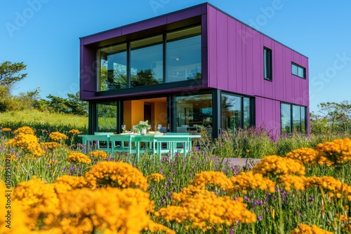 Plum purple ultramodern house surrounded by goldenrod yellow flowers, with expansive windows and a mint green dining setup