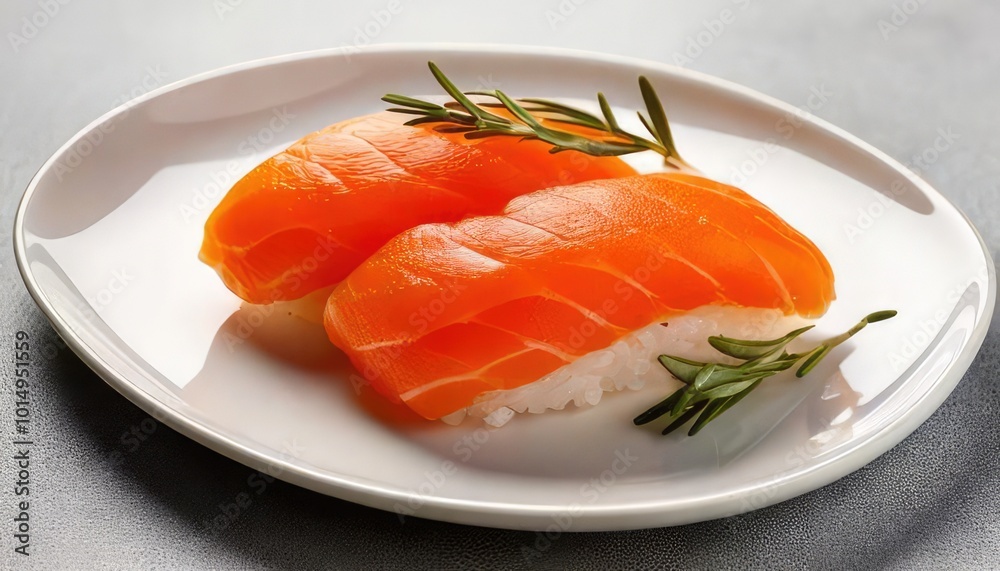 Fresh sushi on a white plate with garnish, simple and elegant presentation. Fresh sushi on a white plate with garnish, simple and elegant presentation.
