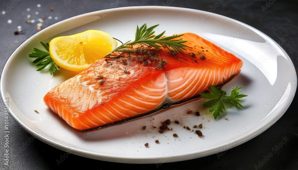 Fresh salmon fillet served with lemon and herbs on a white plate. Fresh salmon fillet served with lemon and herbs on a white plate.