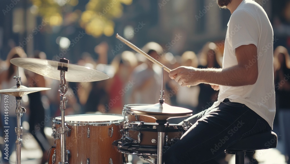 Naklejka premium A drummer plays a set of drums in front of a blurred crowd.
