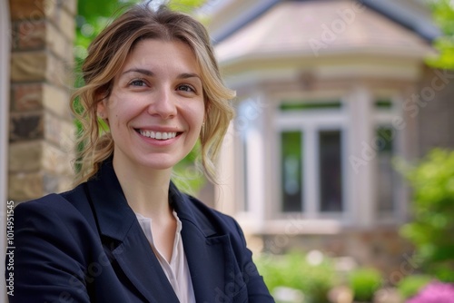 A woman in a black blazer stands outside a house, possibly waiting for someone or lost