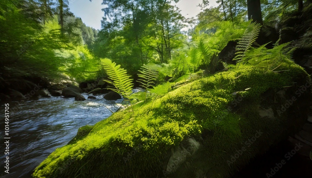 Moss-covered rock beside a tranquil stream in a lush, green forest. Moss-covered rock beside a tranquil stream in a lush, green forest.