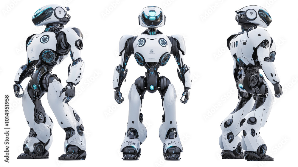 A robot is shown in three different poses.on a transparent background. PNG format A robot is shown in three different poses.on a transparent background. PNG format