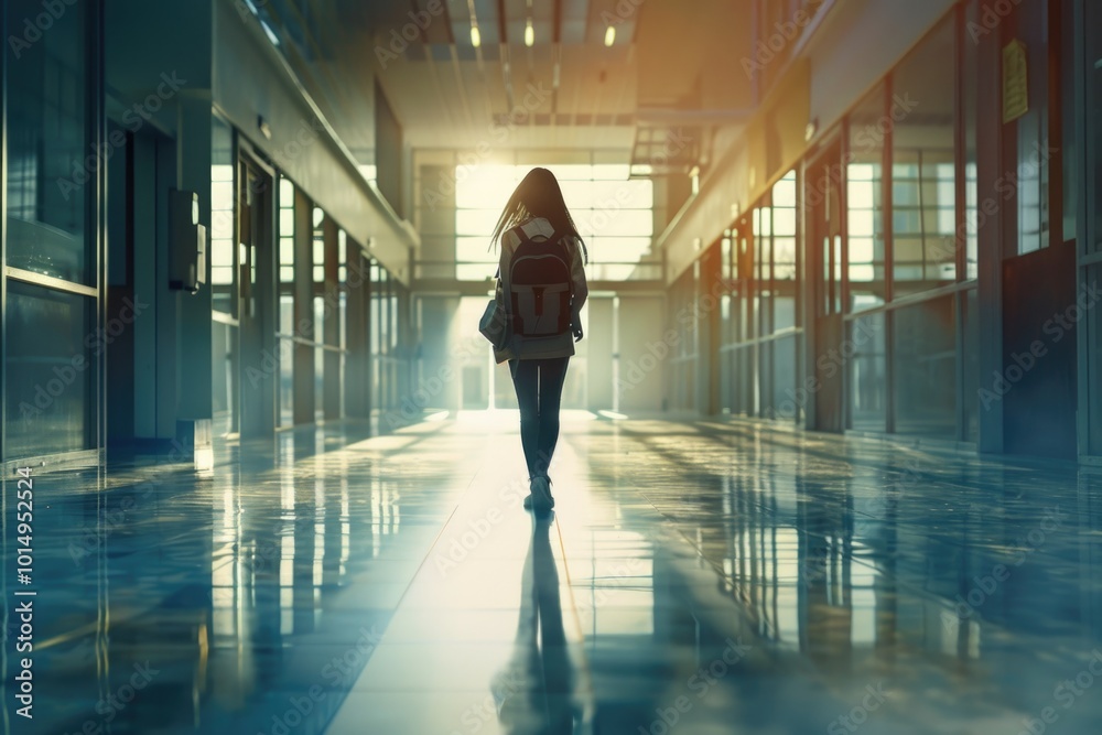 A person walking through a hallway carrying a backpack, suitable for travel or education scenes A person walking through a hallway carrying a backpack, suitable for travel or education scenes