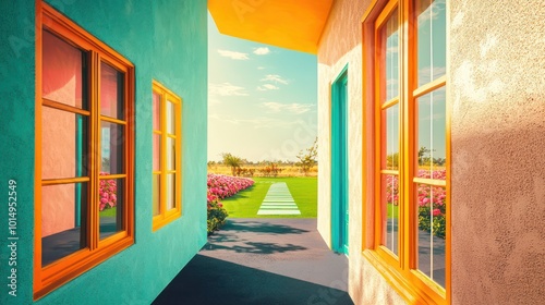 Posh retreat with amber window frames, a periwinkle terrace, and pistachio walls The path is charcoal, leading to a turquoise door, with a rose lawn under a lemon sky
