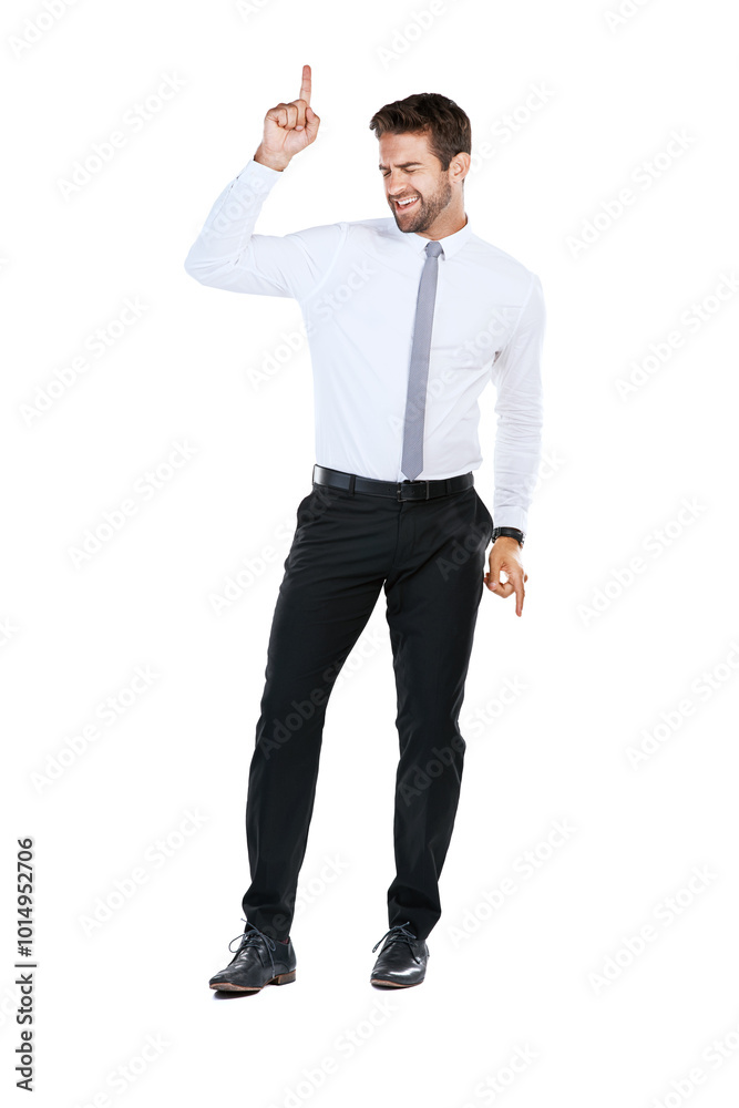 Smile, dance and business man in studio with winning, success and professional achievement. Growth, pride and businessman with excited celebration, confidence or happy opportunity on white background Smile, dance and business man in studio with winning, success and professional achievement. Growth, pride and businessman with excited celebration, confidence or happy opportunity on white background