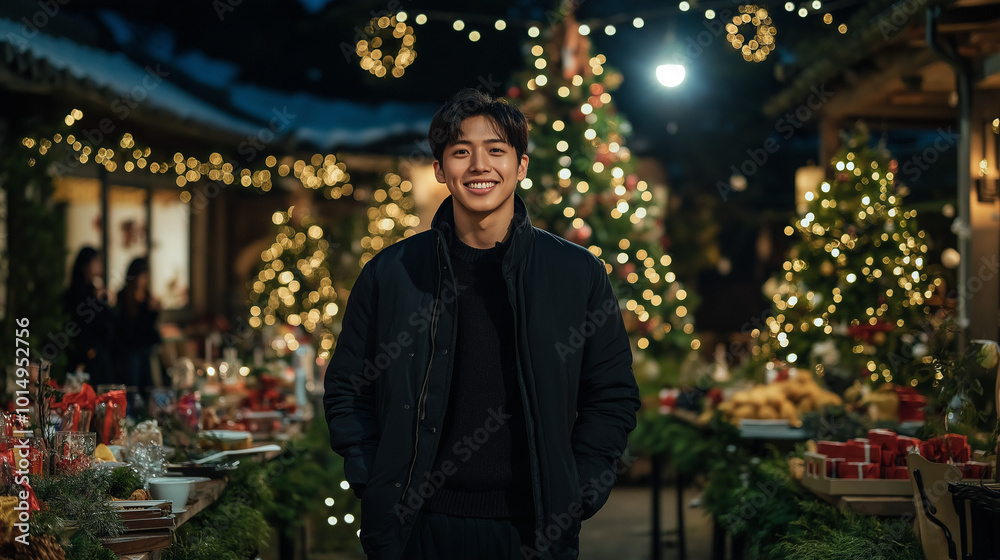 Fototapeta premium Korean, K-pop, idol, boy group, Christmas, happiness, enjoying, party, gifts