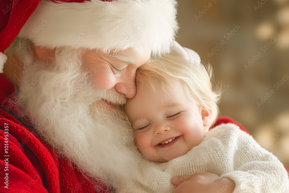 A joyful child cuddles with Santa Claus in a cozy setting during the holiday season A joyful child cuddles with Santa Claus in a cozy setting during the holiday season