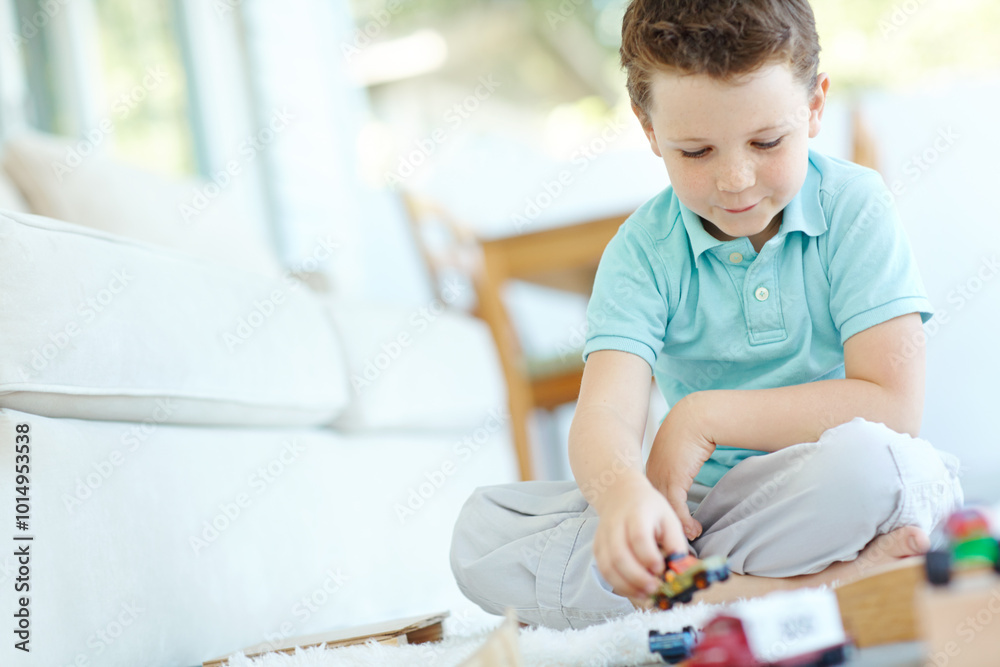 Home, boy and smile with toy cars for fun or playful on school break on floor. Male person, kid and happy at apartment with driving vehicle for child growth, care and brain development at lounge Home, boy and smile with toy cars for fun or playful on school break on floor. Male person, kid and happy at apartment with driving vehicle for child growth, care and brain development at lounge