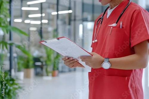 A young doctor in red scrubs reviews a clipboard of medical information in the hallway of a hospital.