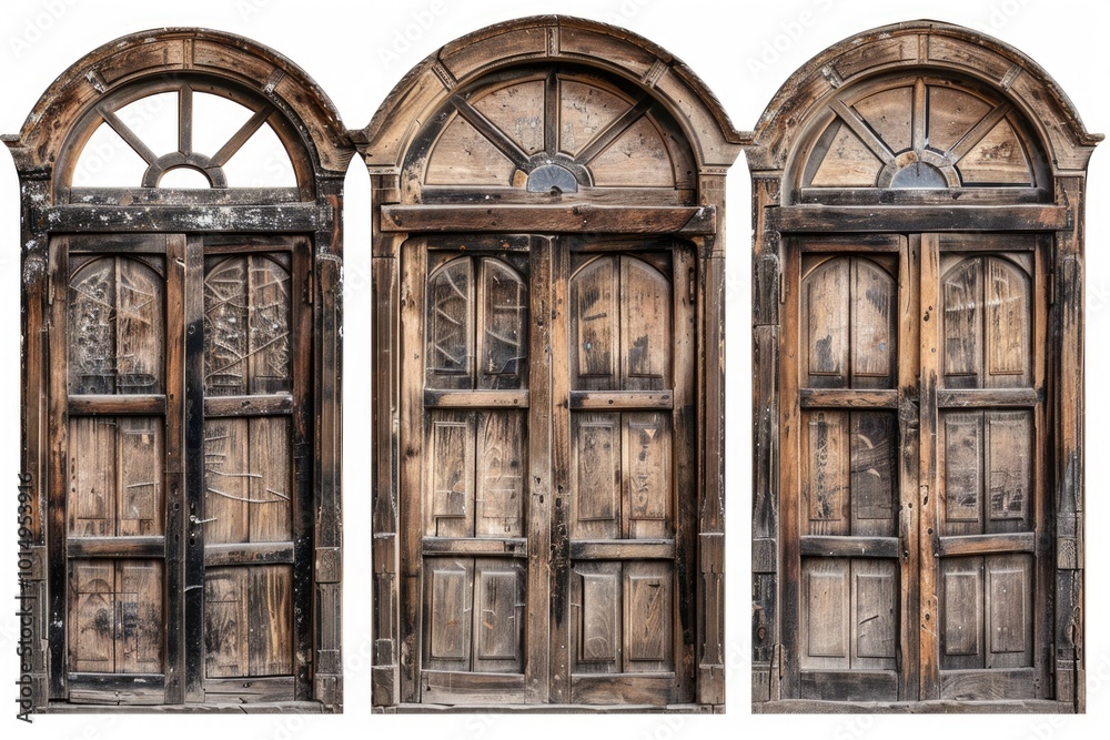A set of three wooden doors with arched windows, suitable for use in architecture, design or decoration images A set of three wooden doors with arched windows, suitable for use in architecture, design or decoration images