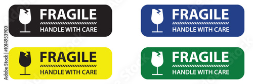 Sticker fragile handle with care, fragile warning label, fragile label with broken glass symbol.  Vector illustration isolated on white  background. EPS 10
