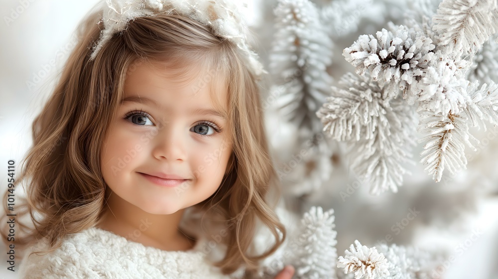 Cheerful girl near snowy tree decoration Cheerful girl near snowy tree decoration