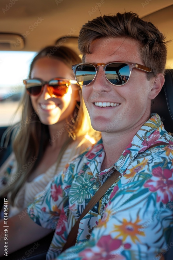 A man and a woman sitting together in a vehicle, possibly on a road trip or just enjoying each other's company