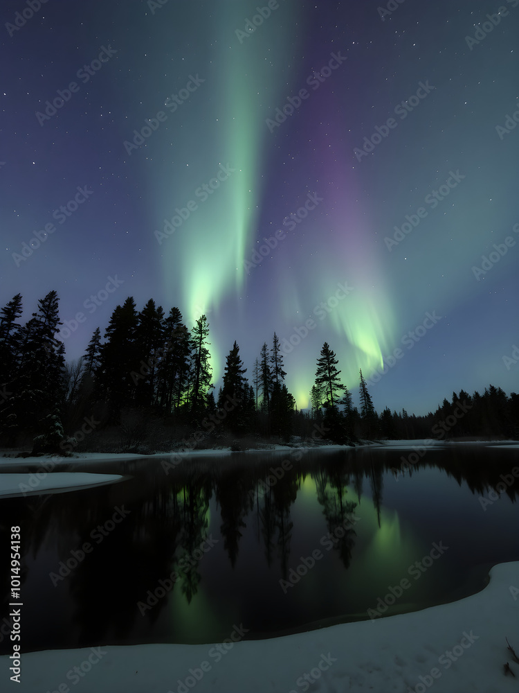 A clear winter night with the Northern Lights glowing in shades of green and purple, reflecting on a still lake with pine trees in the background
