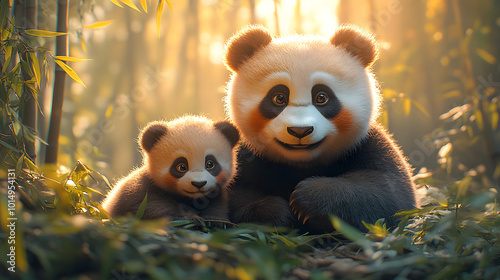 A mother panda and her cub are enjoying a peaceful moment together, with the baby panda sitting on its mother’s back. This heartwarming image showcases the bond between a mother and her offspring in t